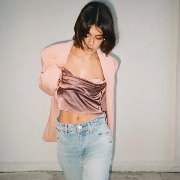NWT Zara Satin Bandeau Mauve Rose Pleated Strapless Crop Top Size Medium - Image 10