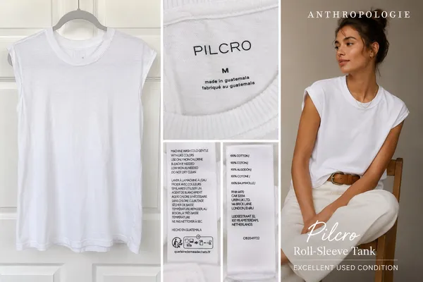 Anthropologie Pilcro Roll Sleeve Tank Top White M 100% Cotton Crew Neck Tee - Image 2