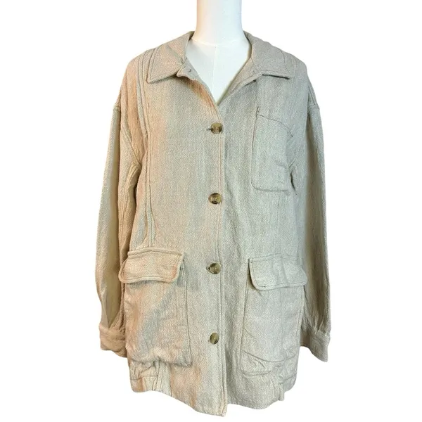 Free People Bohemian LagenLook Lucy Linen Chore Coat Neutral Natural Large - Image 10