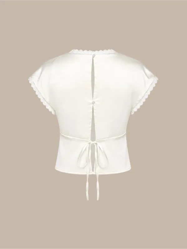 Rihoas Apricot V Neck Lace Satin Tee - Image 7