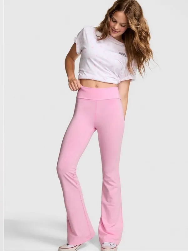 🎀🍭PINK x LoveShackFancy Foldover Flare Leggings Pink Lollipop Coquette Girl XL - Image 5
