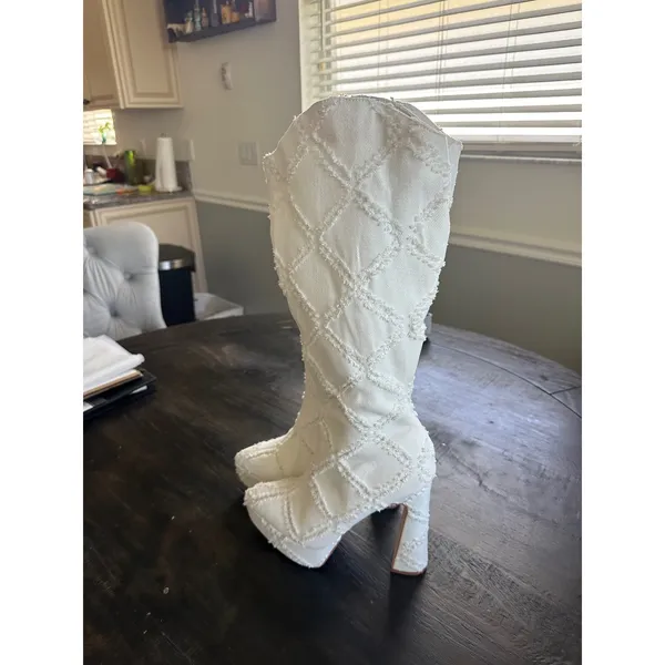 White Frayed Denim Quilted Platform Knee High Boots Pointed Toe Block Heel 8.5 - Image 3