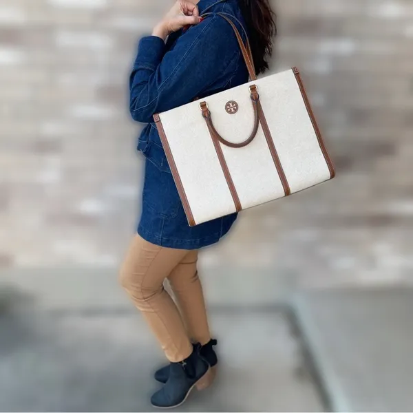 Tory Burch Blake Jumbo Tote‎ Bag Canvas Leather Trim Neutral Cream Brown Cuoio - Image 8