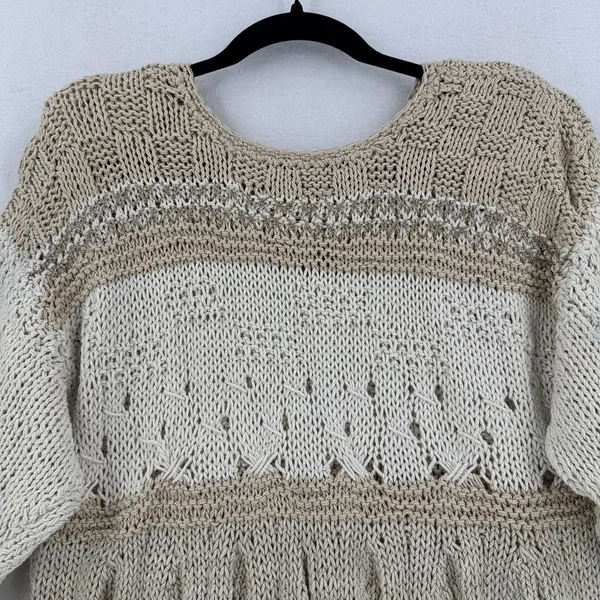 Handmade Crochet Knit Sweater Women Ivory Beige Balloon Sleeve Boho Coastal Chic - Image 3