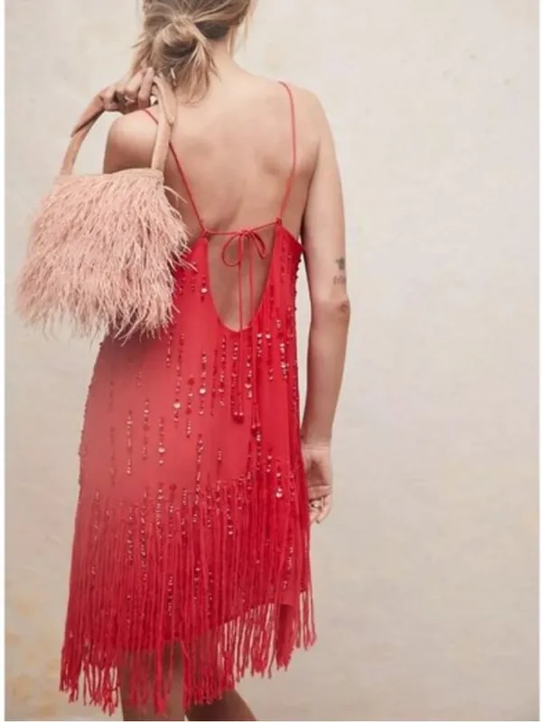 Free People Red Crystal Clear Fringe Retro Flapper Round Neck Thin Strap Dress S - Image 6