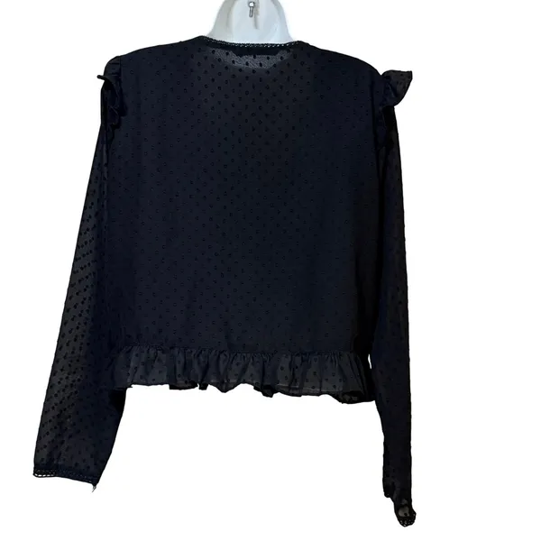 Zara Womens Black Dobby Dot Ruffle V-Neck Button Front Blouse‎ Large L - Image 2