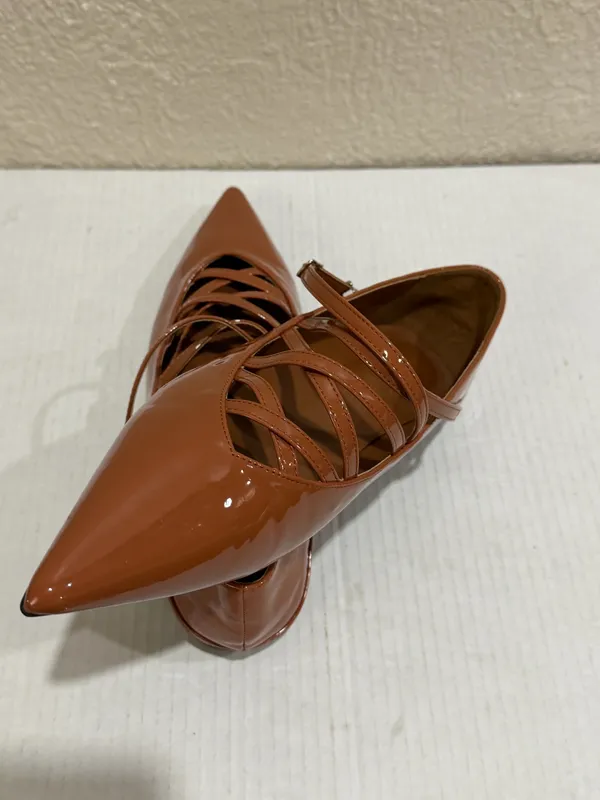 Women’s Pointed Toe Mary Jane Flats Brown Patent Crisscross Strappy Size 41 - Image 9