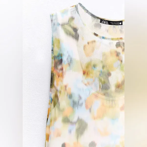 Zara Tulle Mesh Ruched Midi Abstract Colorful Watercolor Dress Small - Image 3