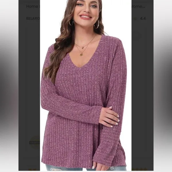 Belaroi plus size, ribbed V-neck, long-sleeve top in a mauve or purple-ish color - Image 4