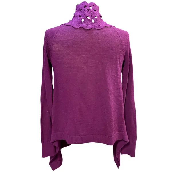 Sleeping On Snow Anthropologie XS Plum‎ Purple Scalloped Laser Cut Cardigan Knit - Image 4