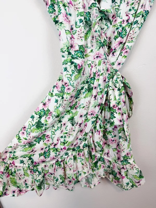 Juicy Couture Allover‎ Floral Wrap Dress Ruffle White Green Pink Size 0 - Image 6