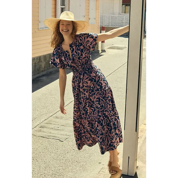 ANTHROPOLOGIE Somerset Paisley Maxi Dress in Navy Blue / Marin Size XL Petite - Image 3