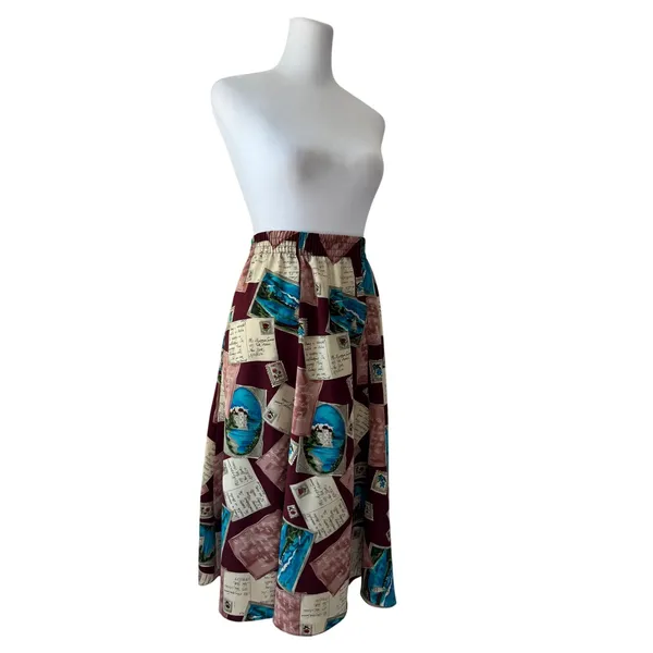 Vintage ‘90s Maggie Sweet Postcard Print Pleated Elastic Waist A-Line Midi Skirt - Image 7