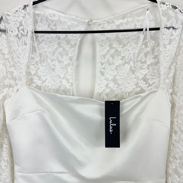 Lulus Prettiest Behavior White Satin Lace Long Sleeve Mini Dress Medium NWT - Image 7