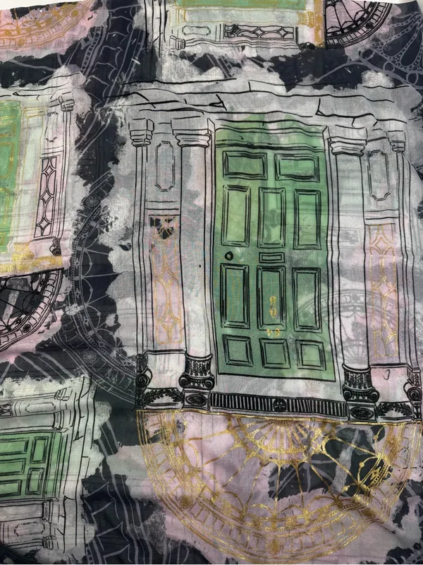 Patrick Francus Graphic Architectural Print Scarf in Black, Gray, Gold, Mint - Image 5