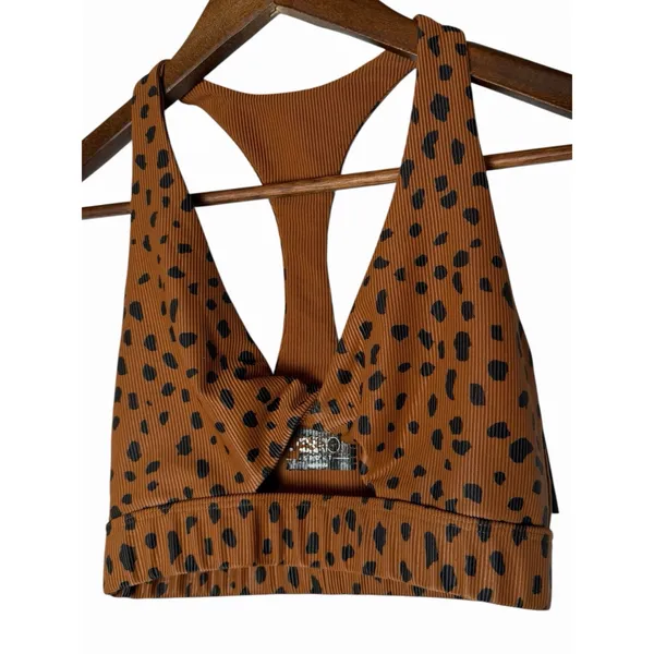 Beach Riot Twist Front Spotted Sports Bra Brown Black Ribbed Animal Print XS - Image 6