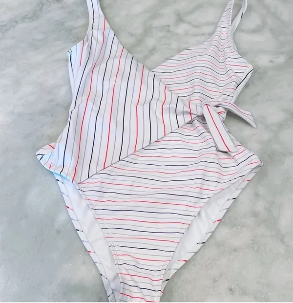 Red White Blue Striped Faux Wrap One Piece Swimsuit - Image 3