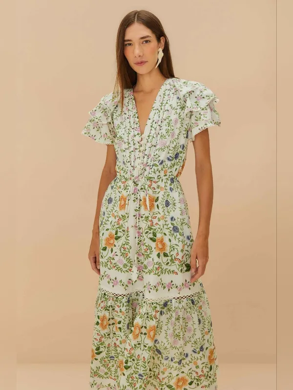 Farm Rio Folk Floral Off White Midi Dress - Image 8
