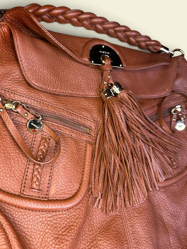 Vintage Bebe Y2K Leather Slouchy Hobo Shoulder Bag Brown Boho Tassel - Image 4