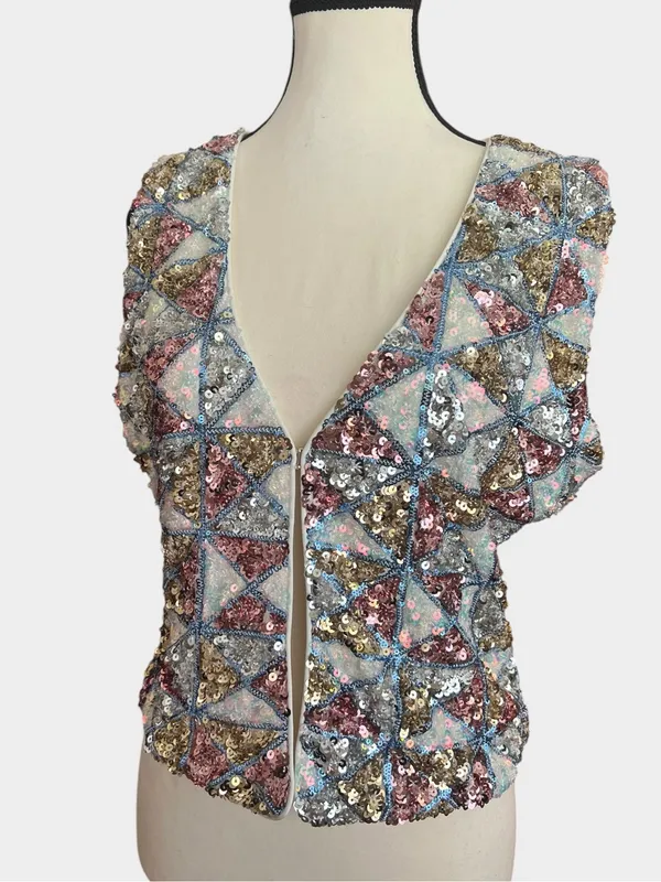 12th Tribe NWT Sequin Open Front Vest Top Large Pastel Geometric Festival Boho - Image 6