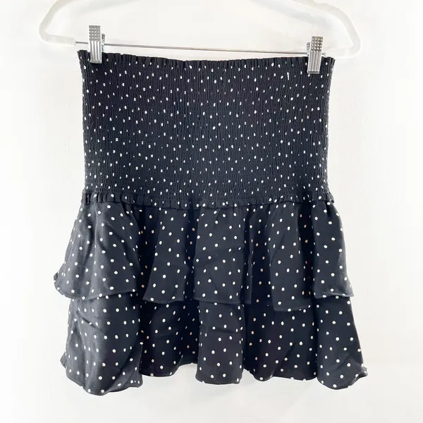 Aritzia Sunday Best Smocked Tiered Ruffle Polka Dot Mini Skirt Black Medium - Image 3
