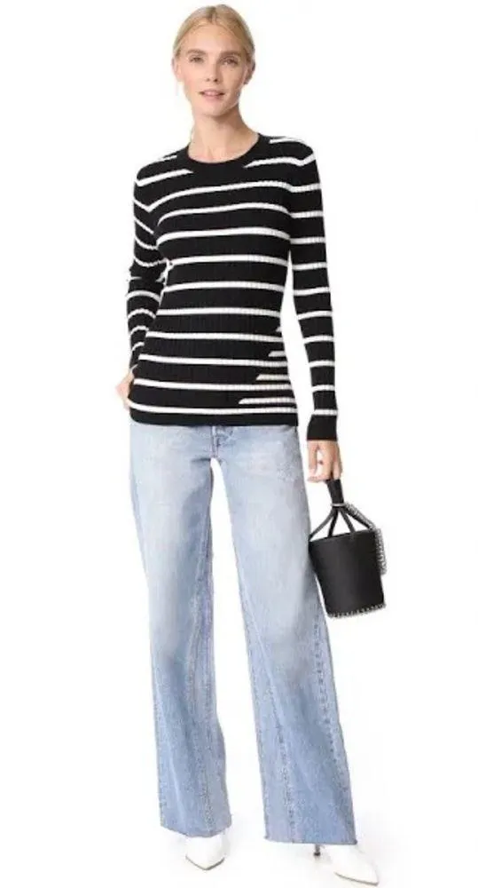 T by Alexander Wang Black Ivory Striped Fitted Rib Pullover Medium - Image 3