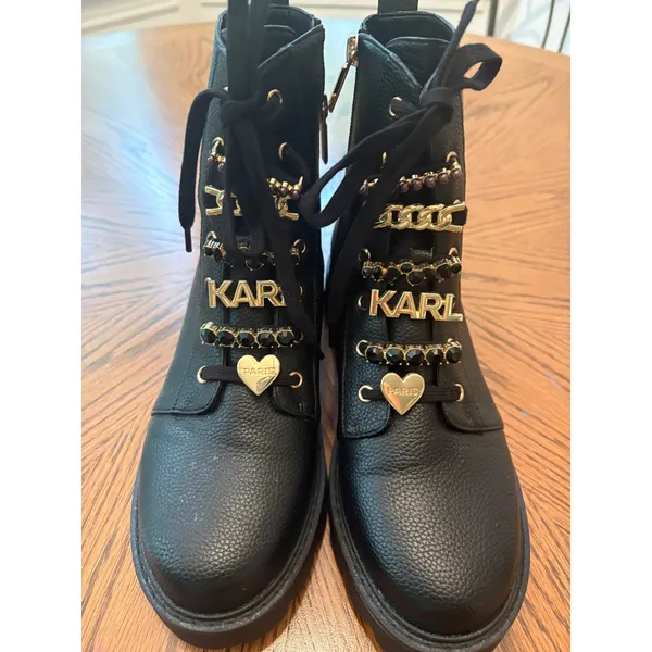 Karl Lagerfeld Paris Womens Black Leather Combat Boots Gold Charms Lug‎ Sole - Image 3