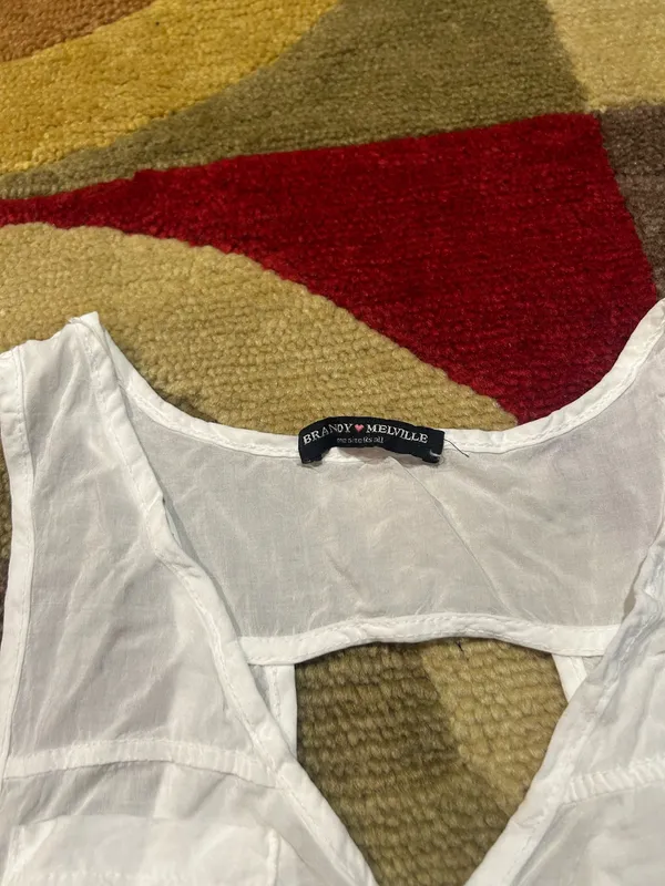 Brandy Melville White Sheer Blouse Tank Top Crop Top Henley Back Cutout Pocket - Image 3