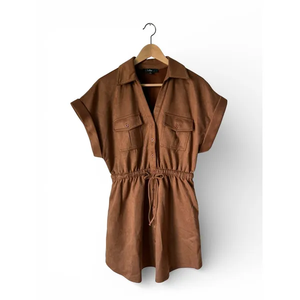 Lulus Always Endearing Brown Suede Mini Dress Stretch with Pockets Women's Small - Image 2