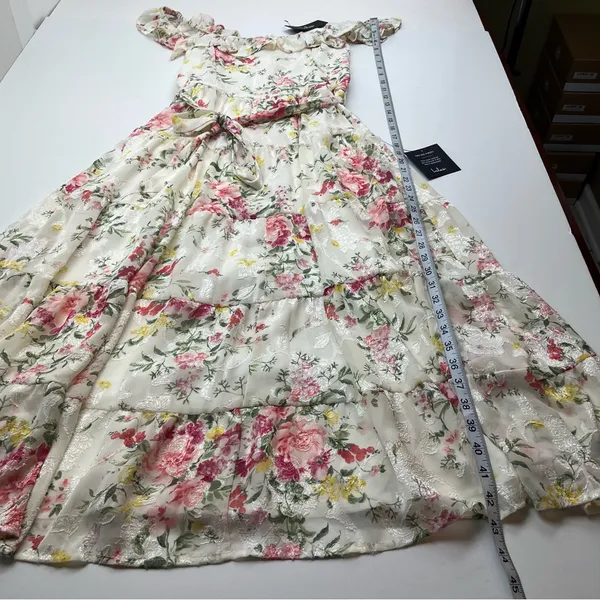 Lulus Shela Ivory Floral Jacquard Tiered Midi Dress‎ Ruffle Womens Medium NEW - Image 10