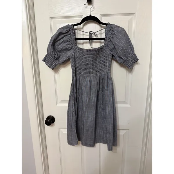 Hill House Home The‎ Athena Nap Dress Blue Grey Plaid Smocked Mini Dress XS - Image 3