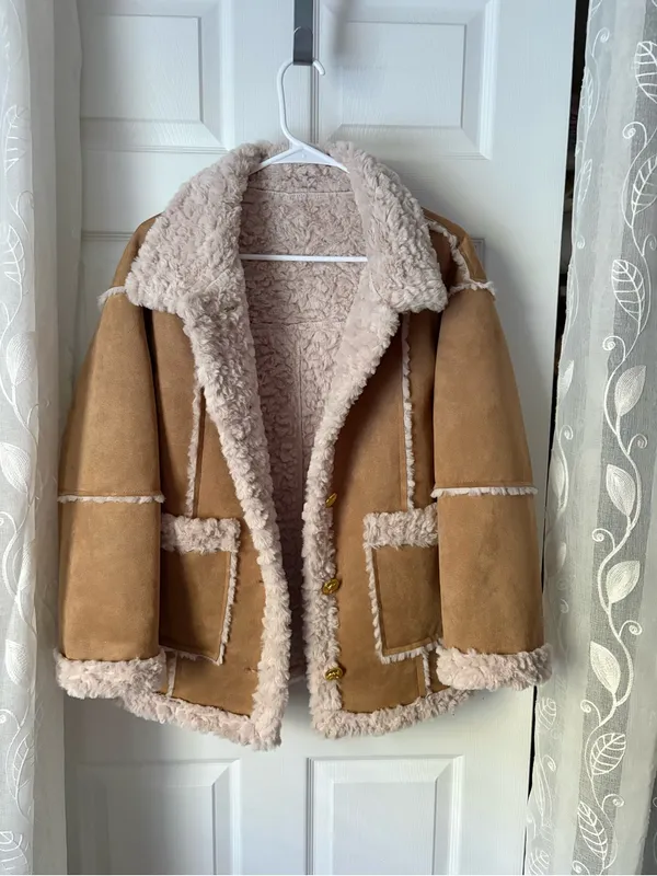 Allured vintage-inspired faux suede shearling aviator coat women sz M/L p2p 22” - Image 2
