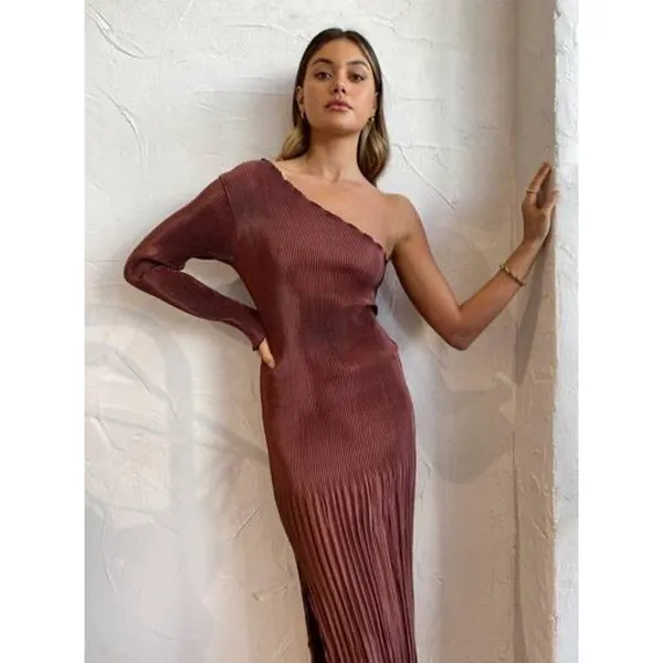 L'idee Soiree One Shoulder Long Sleeve Midi Dress in Chocolate Brown Size 8 - Image 2