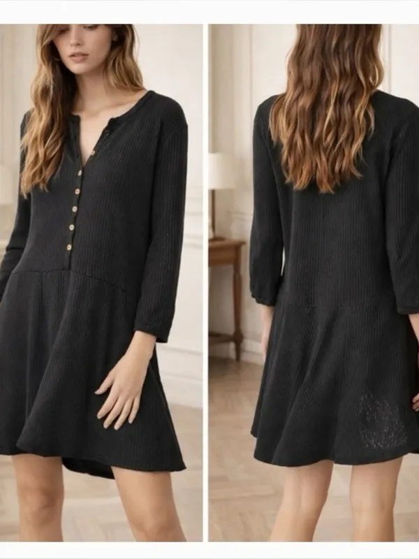 Free People Beach Blossom Black Ribbed Button Front Boho Mini‎ Dress size xs - Image 2