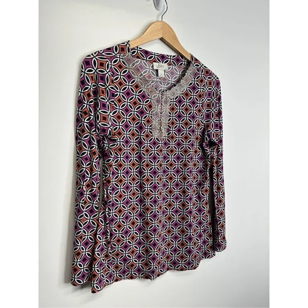 Ann Taylor Loft Beaded Geometric Print Top Purple‎ Orange Long Sleeve Blouse M - Image 5