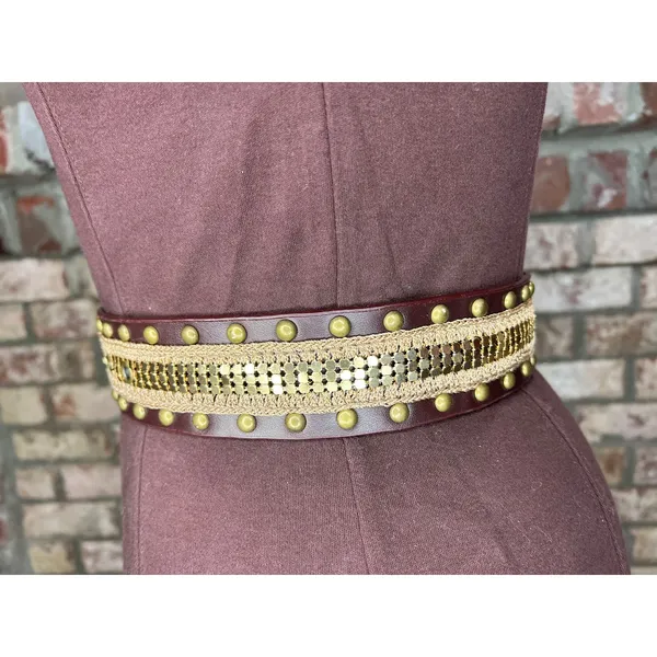 belt y2k leather studded crochet boho brown brass - Image 7
