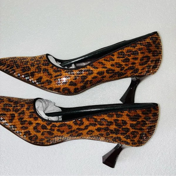 Brown Leopard Print Sequins Heels with Sculptural Curved Heel - Image 7