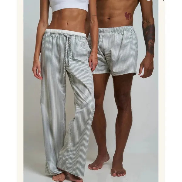 Gooseberry Intimates Le Boyfriend Unisex Long Pants Grey Stripe Poplin M NEW - Image 7