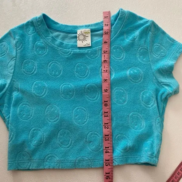 Offline by Aerie Blue Terry Crop Top | Smiley Embossed Short Sleeve Tee XS - Image 4