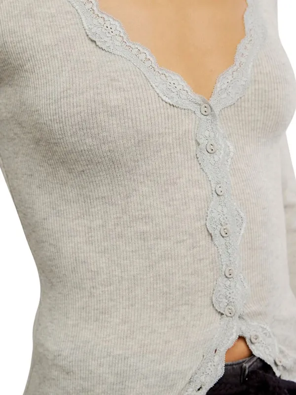 NWT Free people Big Love Ribbed Cardigan Elegant Grey Lace-Trimmed Medium - Image 3