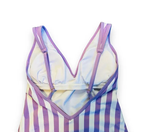 Kona Sol Purple and White Striped One Piece Swimsuit Size L Stretchy V Cut - Image 4