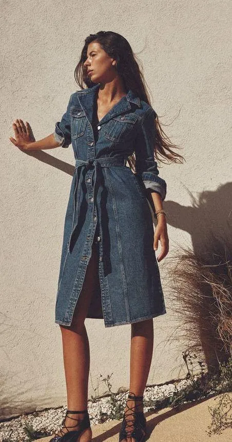 denim jean dress midi button up long sleeve waist tie - Image 2