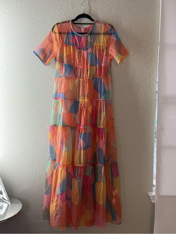Sheer Multicolor Abstract Print Tiered Maxi Dress Short Sleeve Rainbow Medium - Image 8