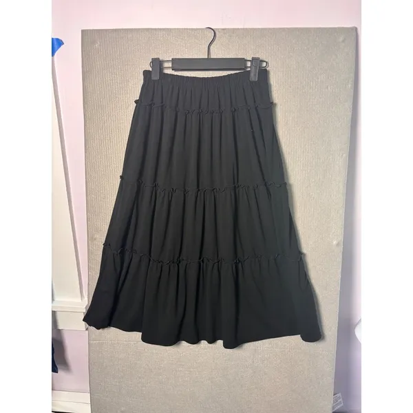 Whimsigoth Womens Tiered Midi Skirt S Black Lettuce Edge Ruffle Boho Cottagecore - Image 4