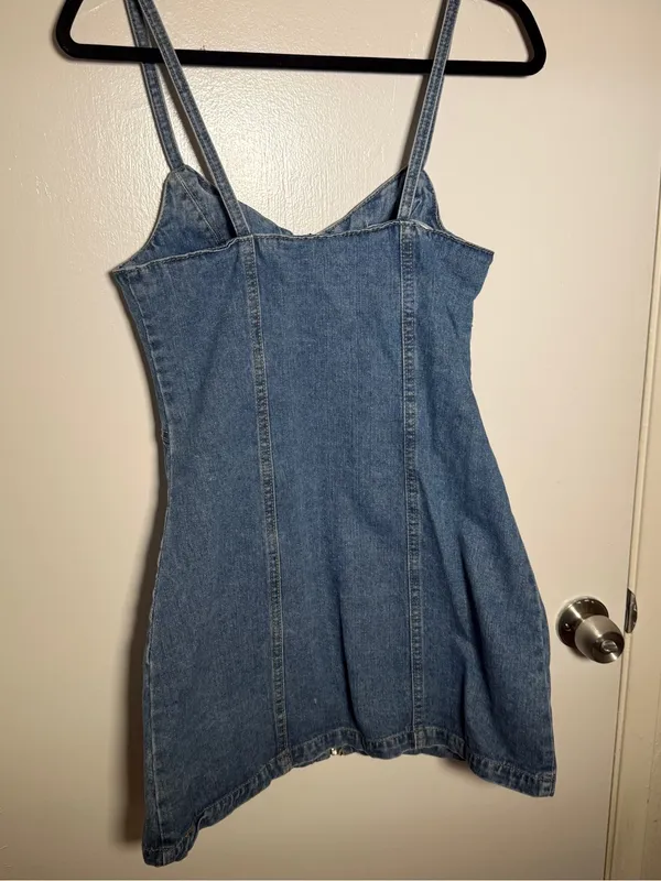 Top Charme Medium Wash Denim Zip Front Mini Dress O-Ring Sweetheart Size P - Image 5