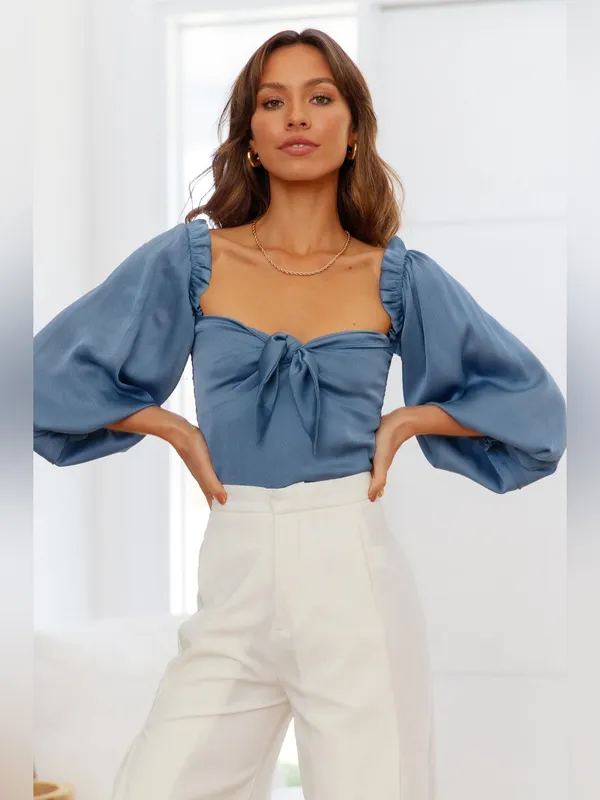 NEW Hello Molly Azure Skies Long Sleeve Tie Front Crop Top Blue Size Small/4 - Image 2