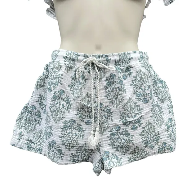 Rachel Zoe Floral Pajama Set 2 Pc Cotton Shorts Top Blue Green floral White M - Image 5