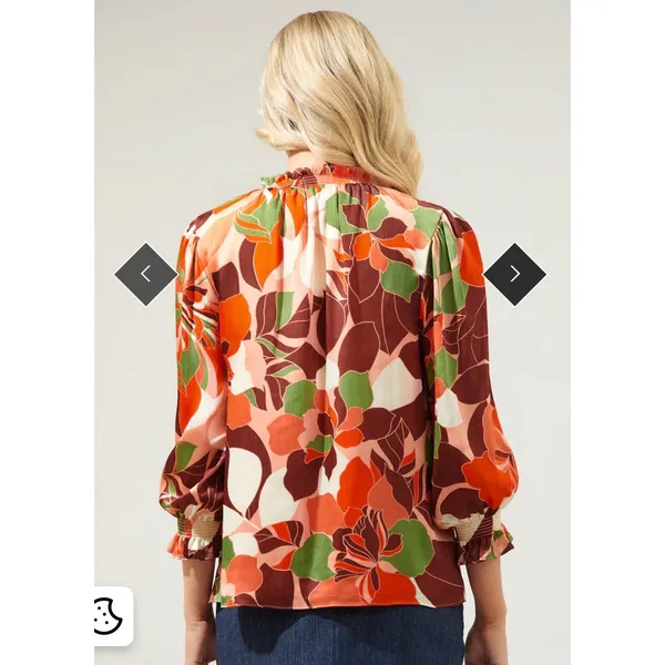 Sugarlips Medium Gilda Rodeo Split Neck Floral‎ Print Satin Blouse Boho Chic - Image 2