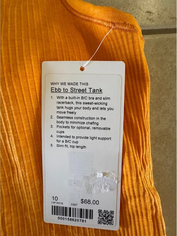 Lululemon Ebb To Street Tank Padded Citrus Sizzle Tone Size 10 NWT - Image 4