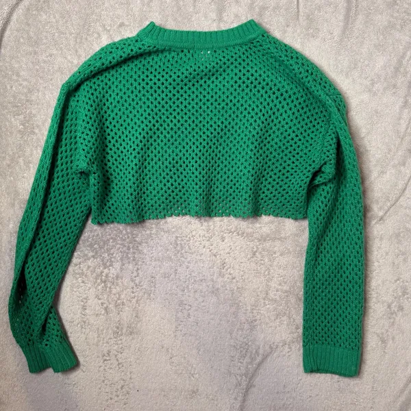 Green Open Knit Cropped Fishnet Sweater Size L See Through‎ Layering Festival - Image 4